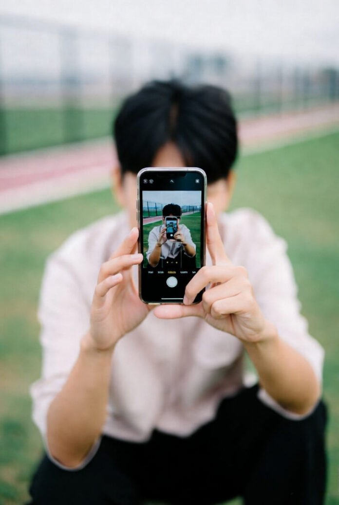 Person sitting casually on grass, holding phone at a slight angle to discreetly capture a moment. Person sitting casually on grass, holding phone at a slight angle to discreetly capture a moment.