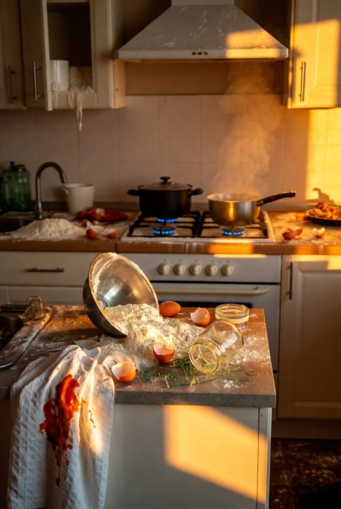 Golden hour kitchen chaos: spilled flour, broken eggs, overturned bowl, and steaming pots frozen mid-disaster. Golden hour kitchen chaos: spilled flour, broken eggs, overturned bowl, and steaming pots frozen mid-disaster.