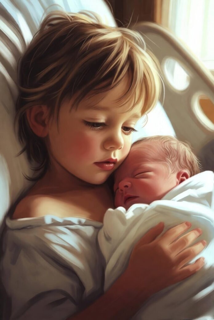 Tired older sibling gently gazes at and cradles their peacefully sleeping newborn sibling in a soft hospital room moment. Tired older sibling gently gazes at and cradles their peacefully sleeping newborn sibling in a soft hospital room moment.