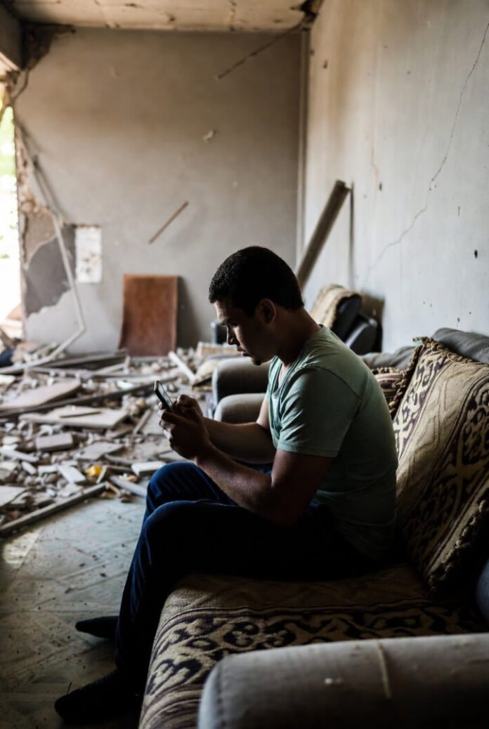 Person casually scrolling phone while sitting on a couch in a severely damaged, post-disaster living room full of broken furniture and debris. Person casually scrolling phone while sitting on a couch in a severely damaged, post-disaster living room full of broken furniture and debris.