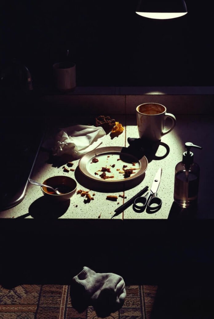 dirty coffee mug in the corner, random sock on the floor, harsh overhead light casting weird shadows. dirty coffee mug in the corner, random sock on the floor, harsh overhead light casting weird shadows.