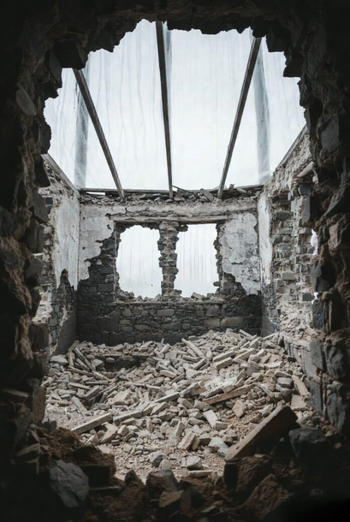 "Floor-level shot inside ruined fort interior — scattered debris, jagged broken walls, faint gray daylight leaking through dirty, streaked window frames, slightly tilted frame." "Floor-level shot inside ruined fort interior — scattered debris, jagged broken walls, faint gray daylight leaking through dirty, streaked window frames, slightly tilted frame."