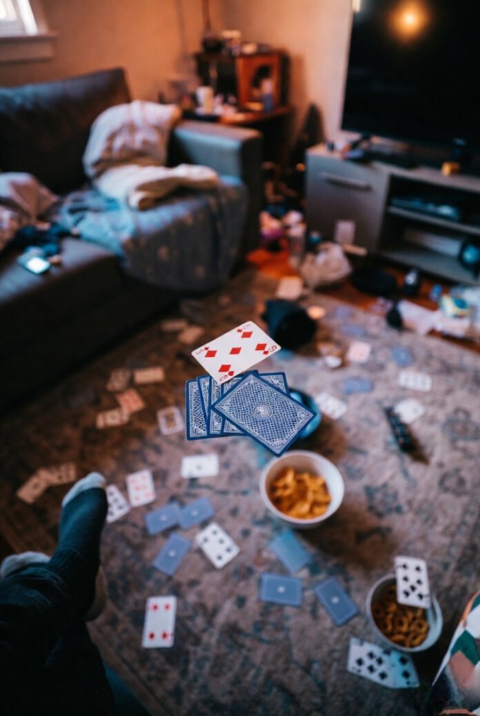 Chaotic cozy living room from above — cards everywhere, chips, remotes, and friends' socked feet mid-laugh. Chaotic cozy living room from above — cards everywhere, chips, remotes, and friends' socked feet mid-laugh.
