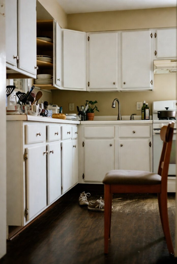 A tired parent's low-angle view of a cluttered, lived-in kitchen: open cabinets, scattered utensils, dirty dishes, and sneakers on the floor A tired parent's low-angle view of a cluttered, lived-in kitchen: open cabinets, scattered utensils, dirty dishes, and sneakers on the floor