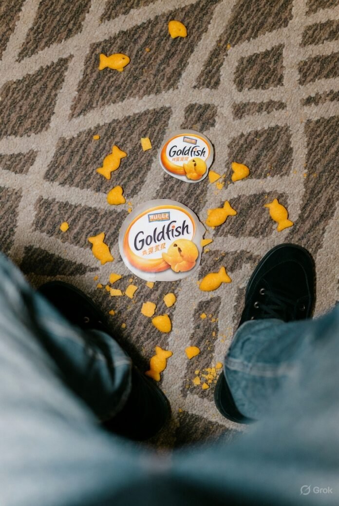Goldfish crackers spilled on kitchen floor Goldfish crackers spilled on kitchen floor