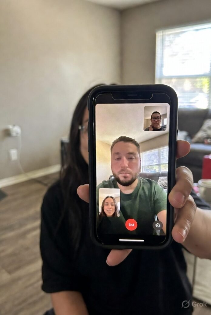 A chaotic family FaceTime screenshot: tilted phone view, one relative yelling, cluttered apartment background with plants, art, and snacks everywhere. A chaotic family FaceTime screenshot: tilted phone view, one relative yelling, cluttered apartment background with plants, art, and snacks everywhere.