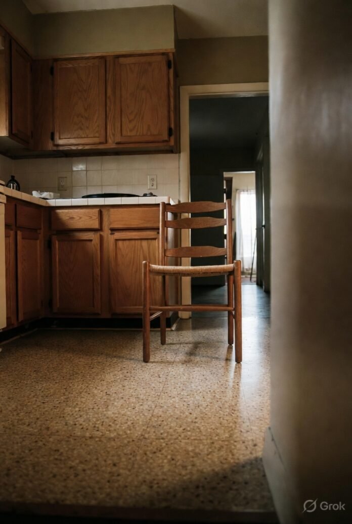 an empty wooden chair stares back, Midwest home interior, quiet and watchful. an empty wooden chair stares back, Midwest home interior, quiet and watchful.