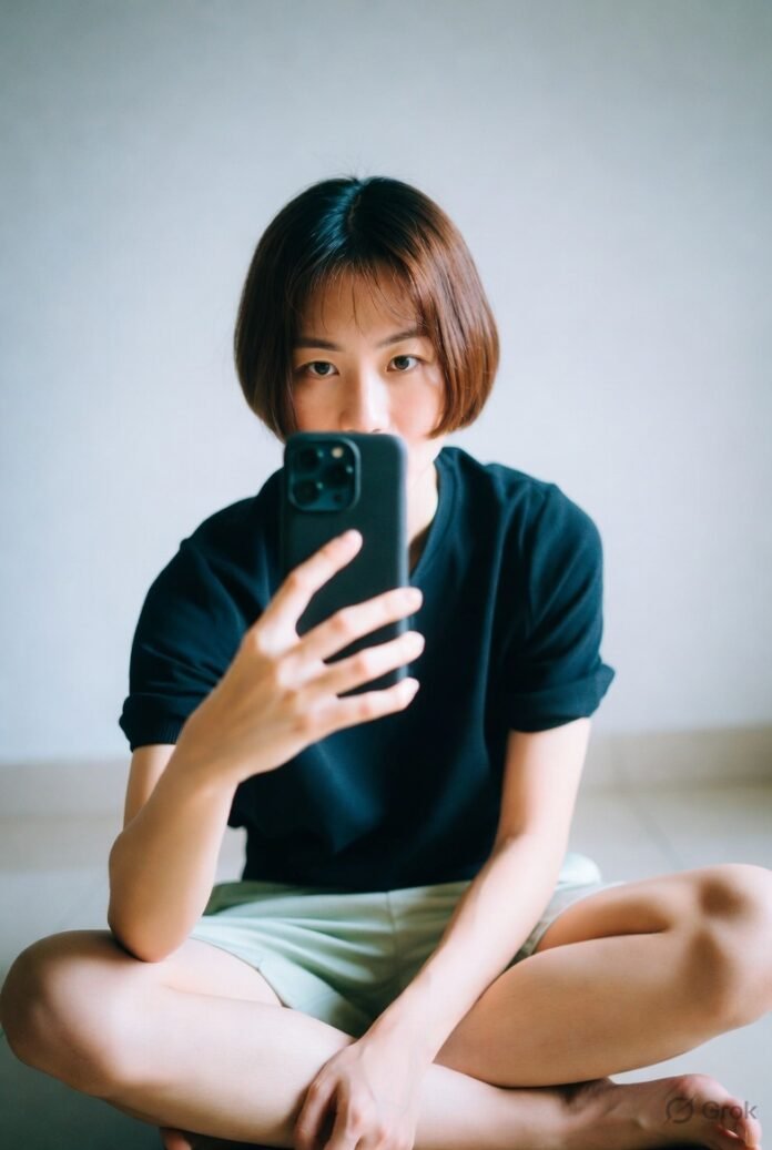 A young woman with short brown hair sits cross-legged on the floor, smiling while taking a casual selfie with her phone. A young woman with short brown hair sits cross-legged on the floor, smiling while taking a casual selfie with her phone.