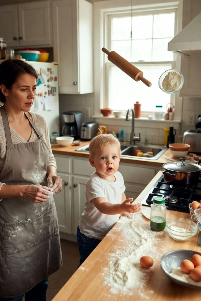 Flour everywhere! Panicked mom and excited toddler in messy milestone baking scene. Flour everywhere! Panicked mom and excited toddler in messy milestone baking scene.
