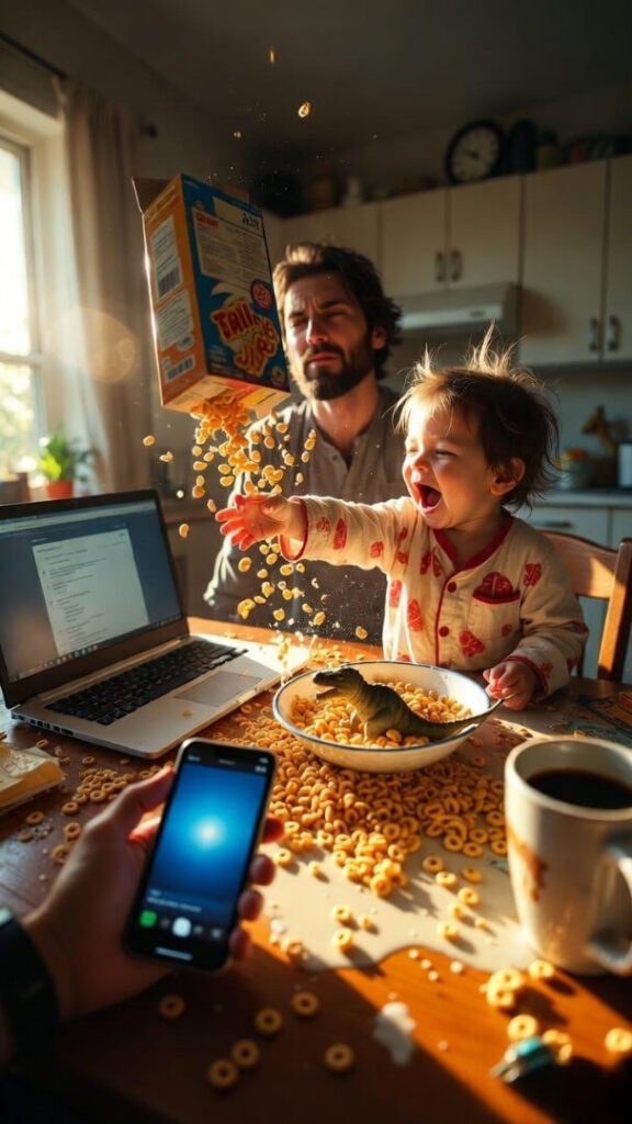 Phone, spill, dino, and toddler joy
