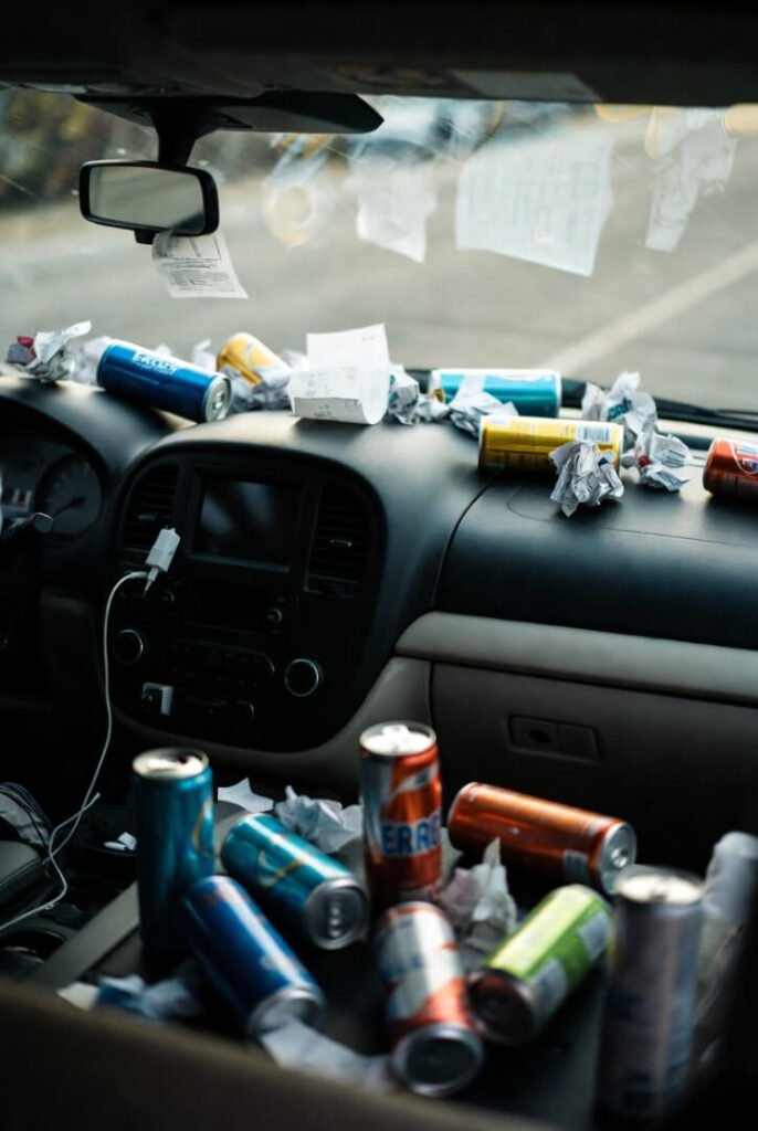 Post-drop-off dashboard chaos — empty Monster and Red Bull cans, receipts everywhere, lone charger plugged in, shot from the driver’s seat.