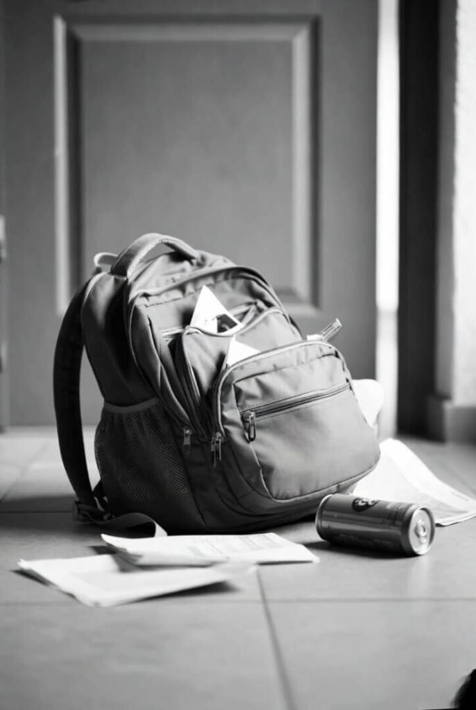 “Teen’s backpack dumped by the door, zipper open, papers spilling, empty energy drink can rolling out”