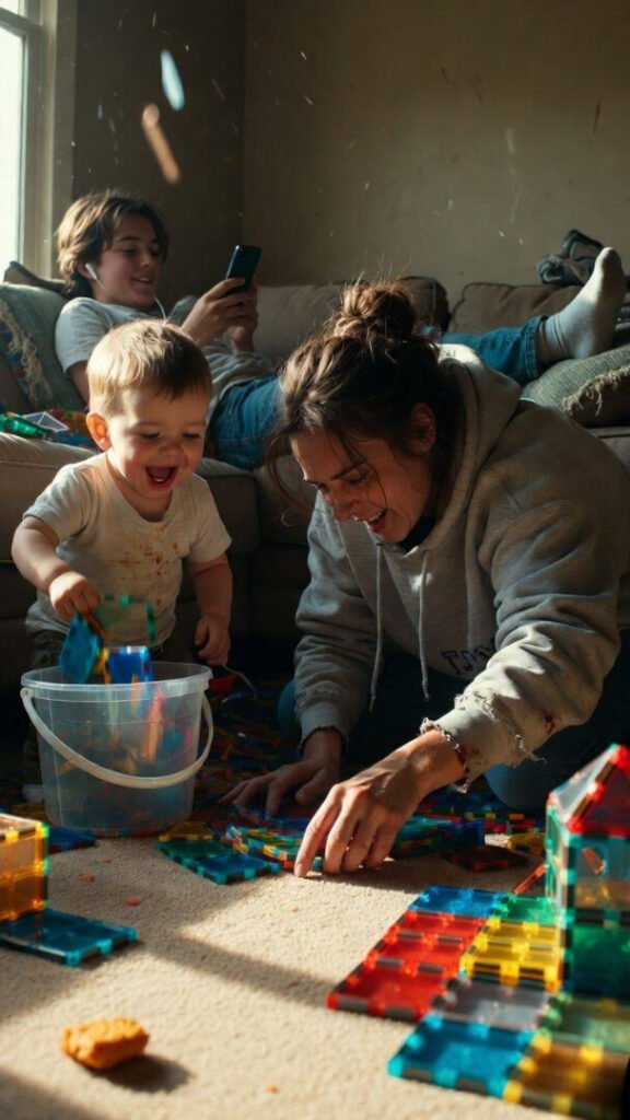 From-the-floor view: frazzled mom in hoodie kneels amid colorful tile chaos, laughing toddler dumping handfuls, older kid zoned out with phone and earbuds.