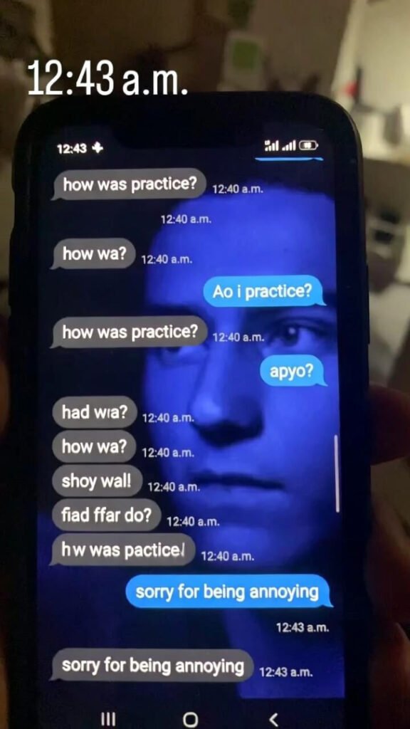 "Late-night phone view: blurry iMessage conversation at 12:43 a.m. with anxious, typo-filled texts asking about practice, unanswered, culminating in an apology for 'being annoying,' blue glow illuminating the sender's face."