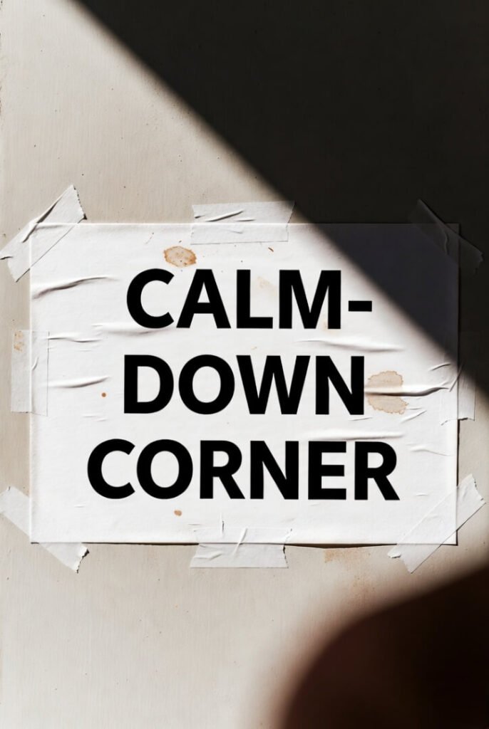 Slightly tilted view of coffee-marked, taped “CALM-DOWN CORNER” poster, thumb blocking corner.
