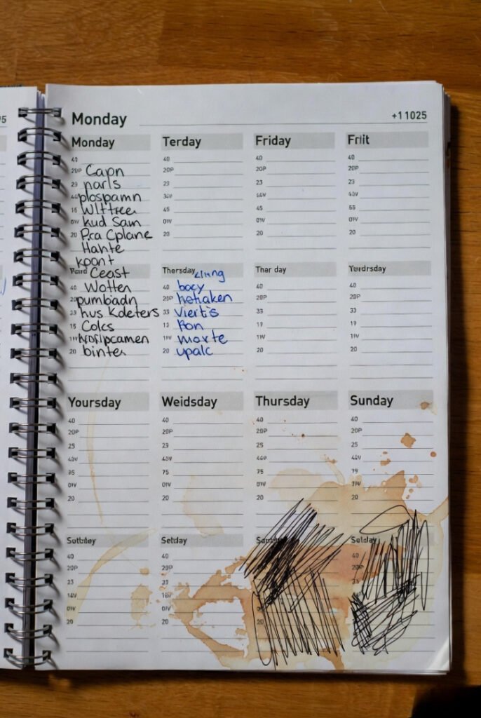 Top-down weekly planner: neat tidy entries on Monday, chaotic scribbles and large coffee stains by Thursday.