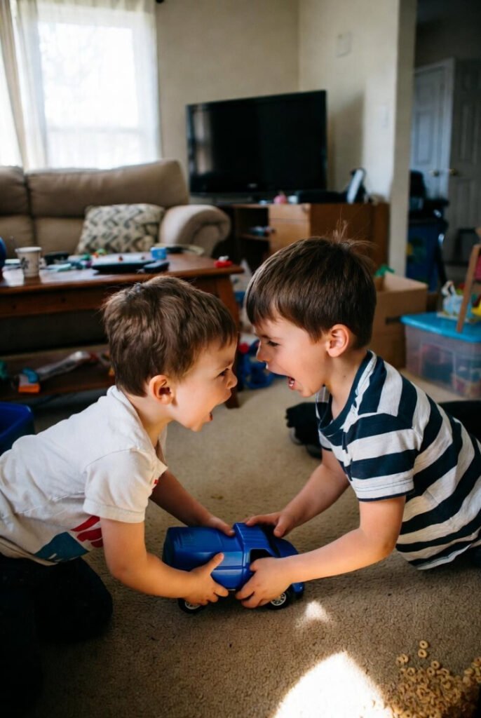 Two young boys, about 3 and 6, yelling and tugging fiercely over a blue plastic truck amid spilled Cheerios on the cluttered living room carpet, sunlight streaming in.