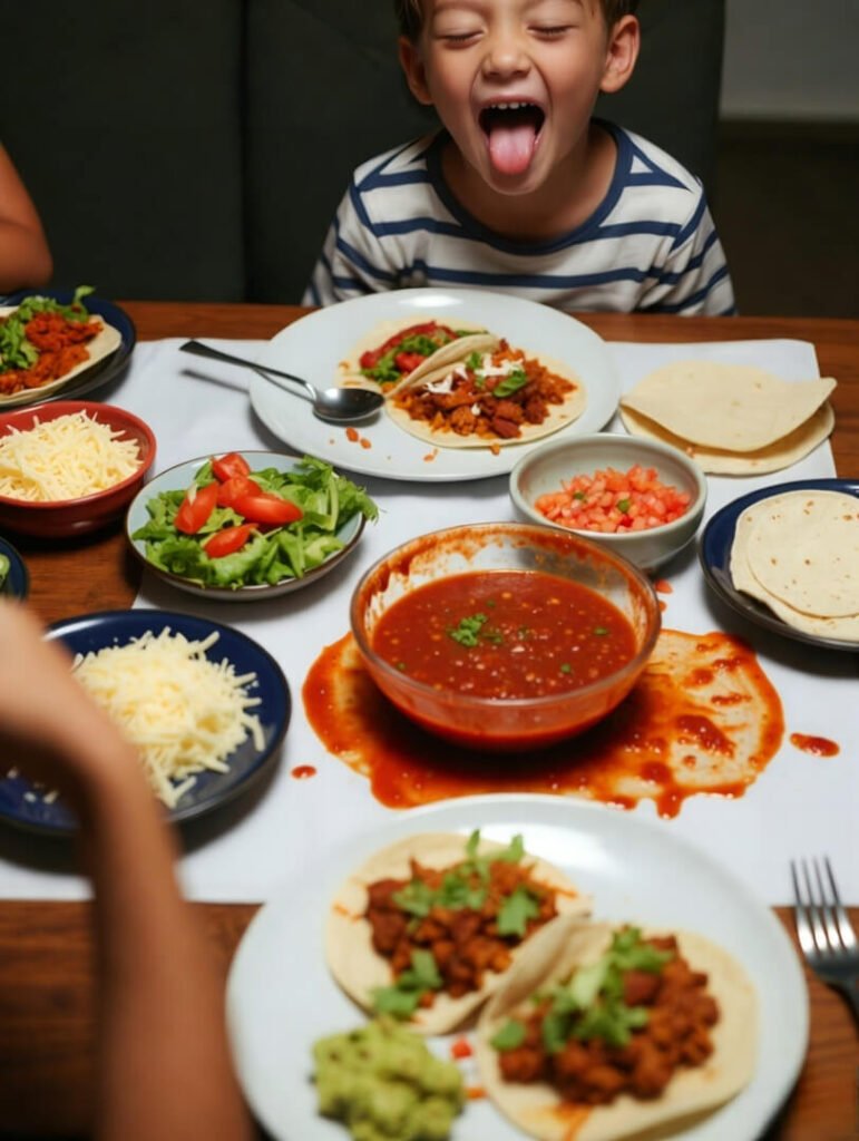 Casual blurry family taco night shot: tablecloth stained with red salsa, plates piled high, kid sticking tongue out dramatically behind the food.