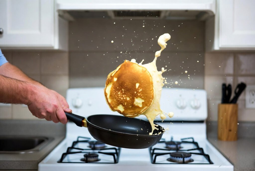 Husband's failed pancake flip: batter flying sideways.