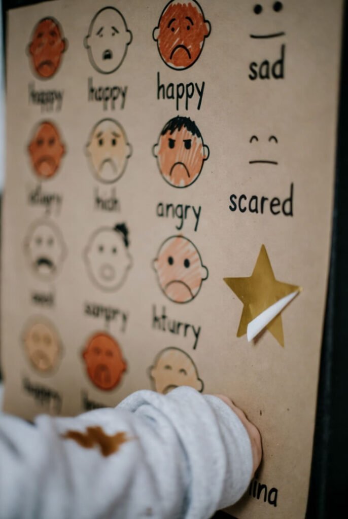 Blurry kid’s hand-drawn feelings chart with peeling gold star, coffee-stained parent pajama cuff in frame.