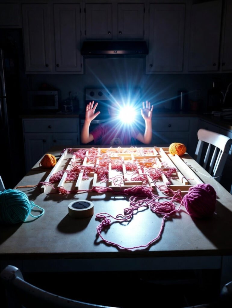 Dim kitchen, yarn maze, triumphant child