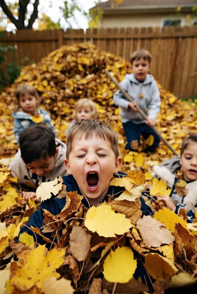 Kids knee-deep in a huge pile of fall leaves in the backyard, one boy sneezing dramatically, low-angle shot from the grass.