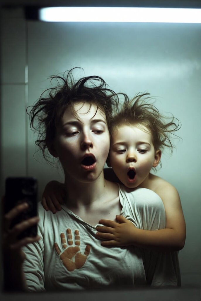 Terrible bathroom selfie: sleep-deprived mom and toddler both mid-yawn, toddler's handprint on shirt, brutal lighting.