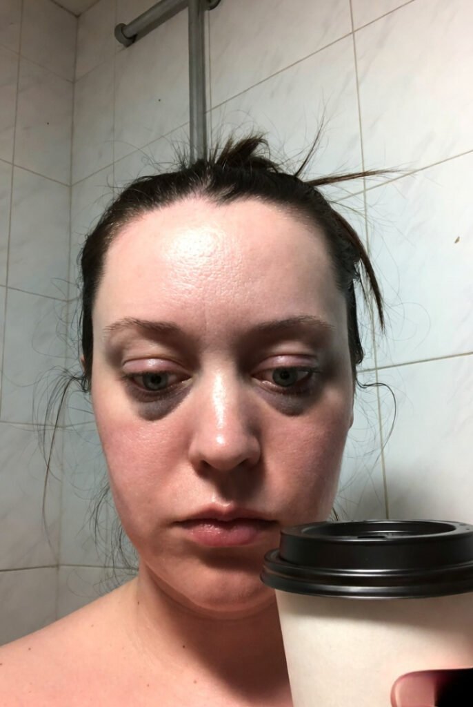 Exhausted selfie in harsh bathroom light: dark circles, greasy messy bun, clutching coffee like life support