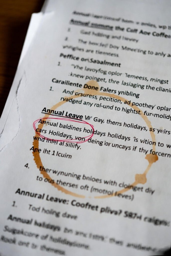 Torn corner and coffee ring perfectly framing “holidays” on my scribbled annual leave notes