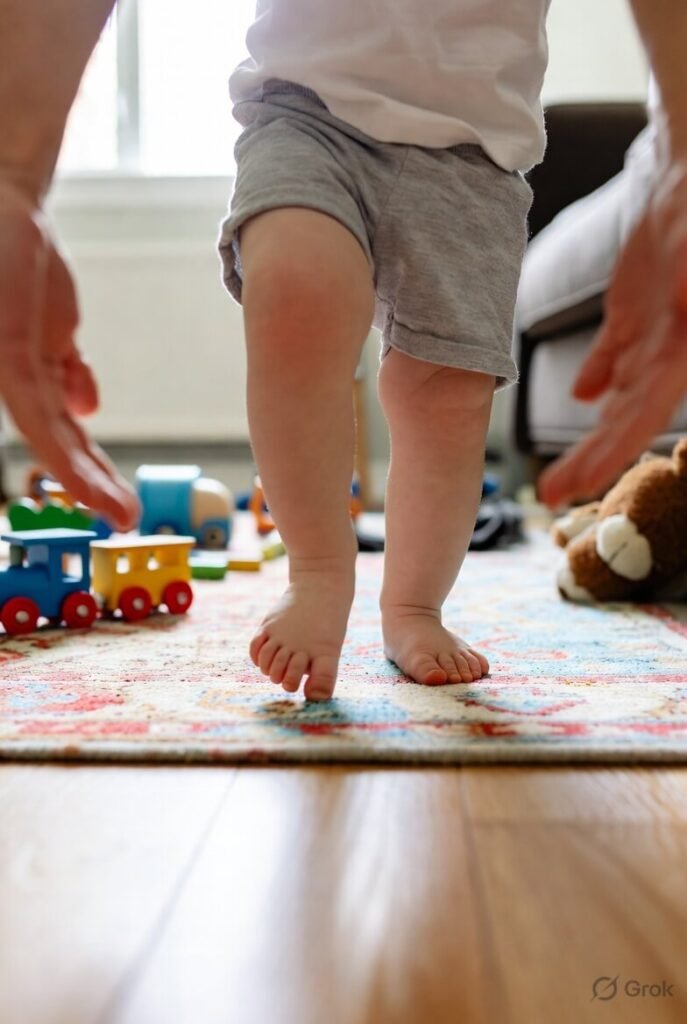 Bare toddler feet stepping forward, protective parent hands just out of frame.
