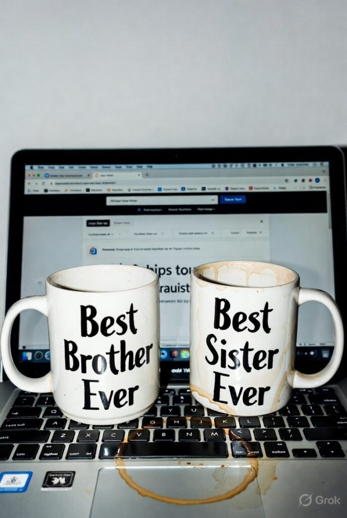 Grainy iPhone photo: "Best Brother Ever" and "Best Sister Ever" mugs on a laptop keyboard, surrounded by coffee rings and endless browser tabs.