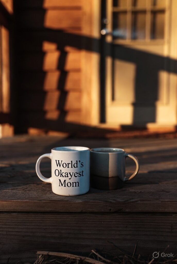 Slightly off-center shot of mismatched mugs glowing in warm evening light.