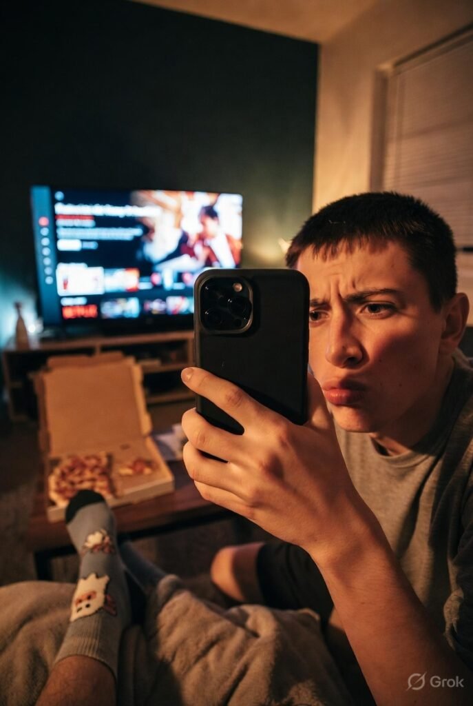 Close-up selfie on the couch at 10 p.m.: confused “what now?” face, paused Netflix TV, half-eaten pizza, mismatched ghost socks.