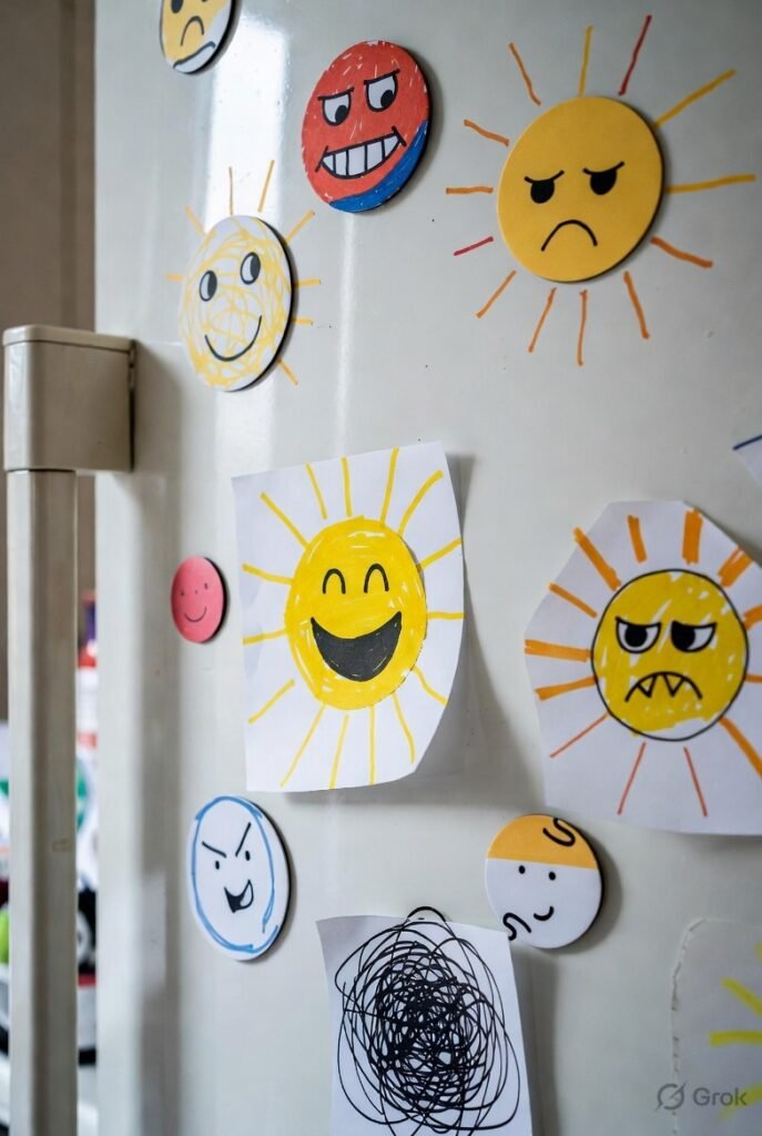 A close-up of a fridge door with mismatched magnets holding colorful kid-drawn mood suns: happy, grumpy, and chaotic scribble, shot slightly crooked in natural kitchen light.
