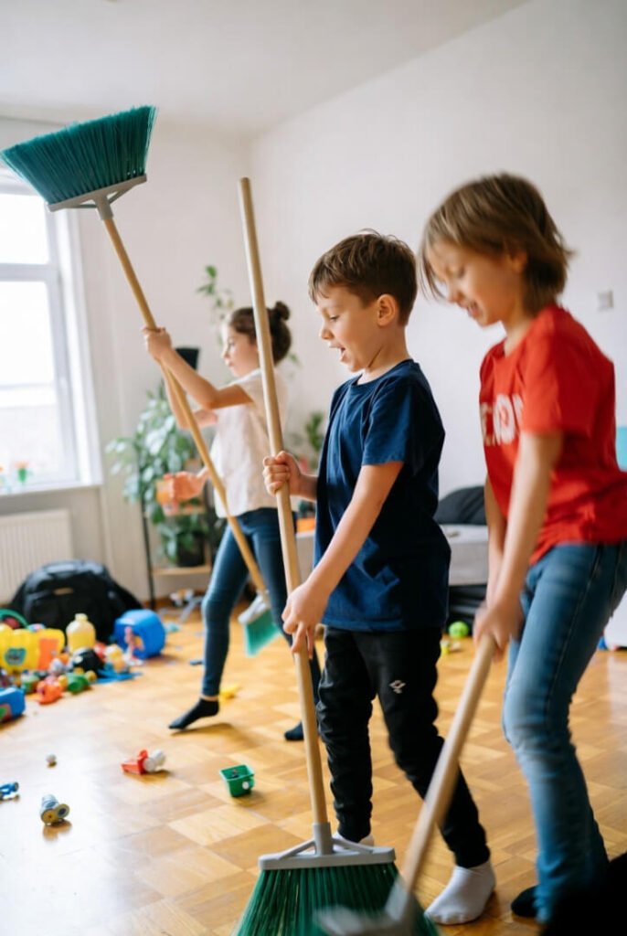 Energetic cleanup dance, toys everywhere