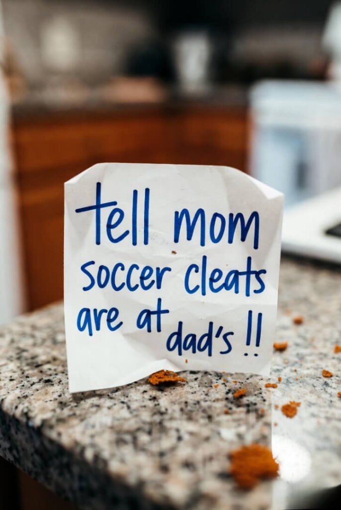 Off-angle fridge pic showing coffee-stained calendar date circled, handwritten note “Mia’s orthodontist apt – both pls”, and phone screen displaying the same shared Google event.