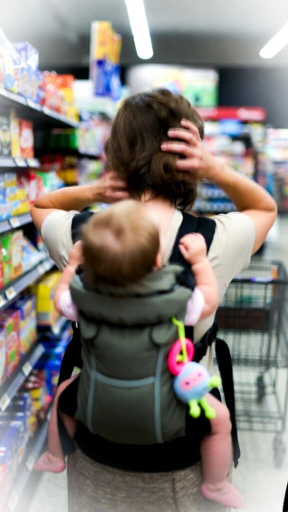 Toddler pulls mom's hair while back-carried in store, awkward self-shot view.