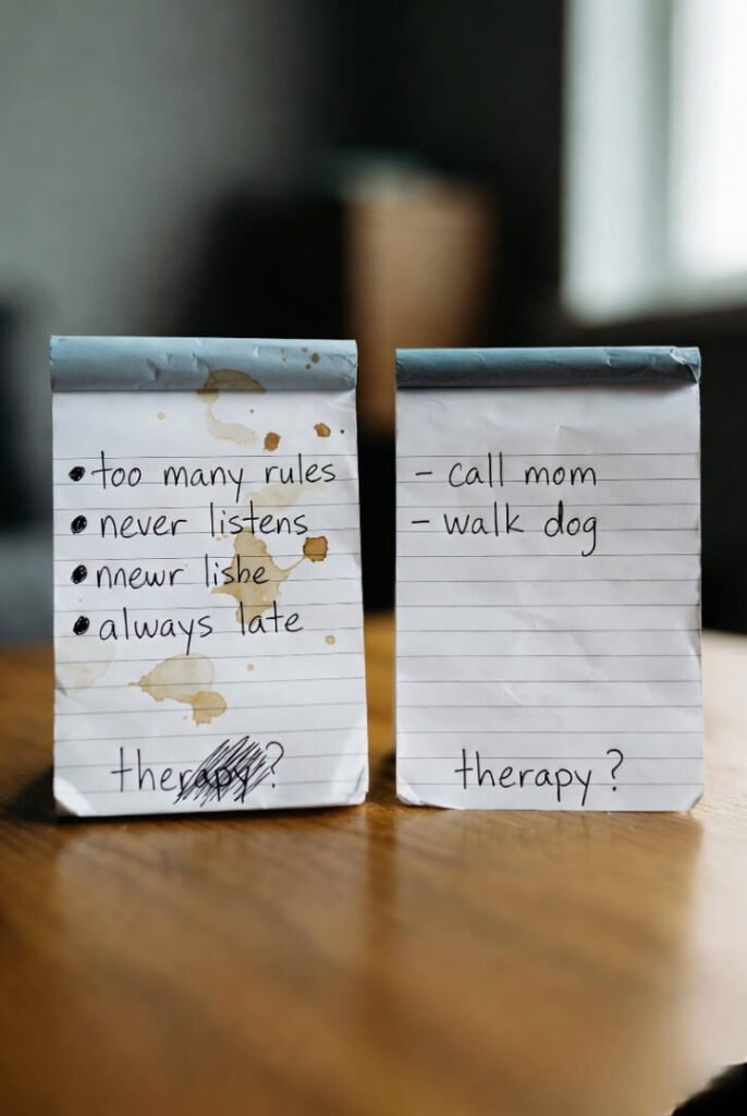 Two stained yellow legal pads from above: furious scribbled complaints on one, tidy bullet list on the other, both dramatically crossed out at “therapy?”.