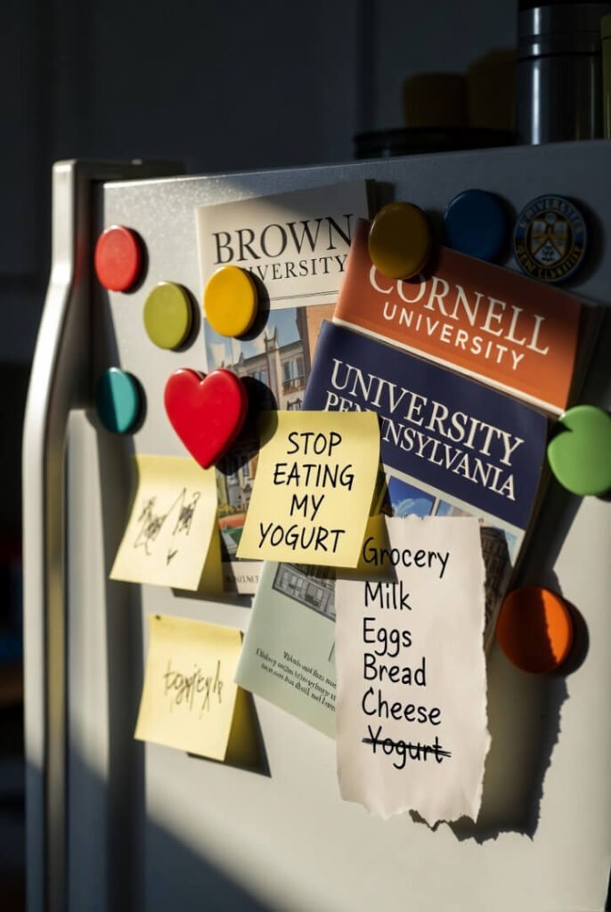Dawn-lit fridge chaos — university pamphlets, heart-shaped magnets, furious “STOP EATING MY YOGURT” note, scribbled grocery list with yogurt crossed out.