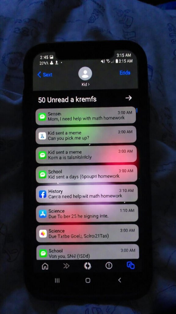 “Parent's phone screen with 50+ unread texts from their kid, school alerts, and a random 3 a.m. meme notification”