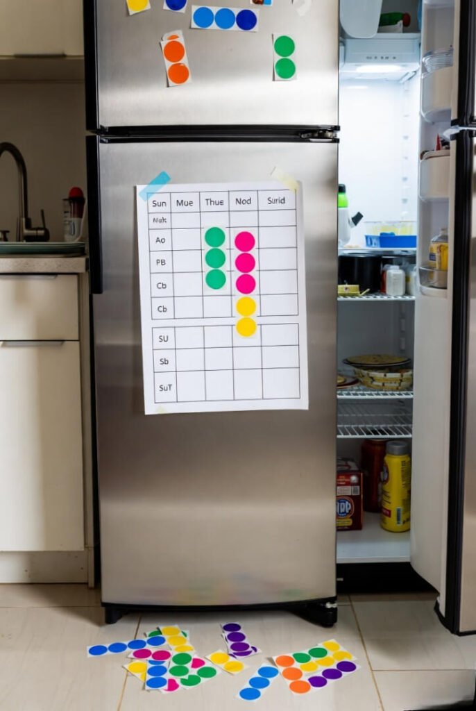 Fridge door sticker chart showing just three dots stuck, dozens more scattered on kitchen floor.
