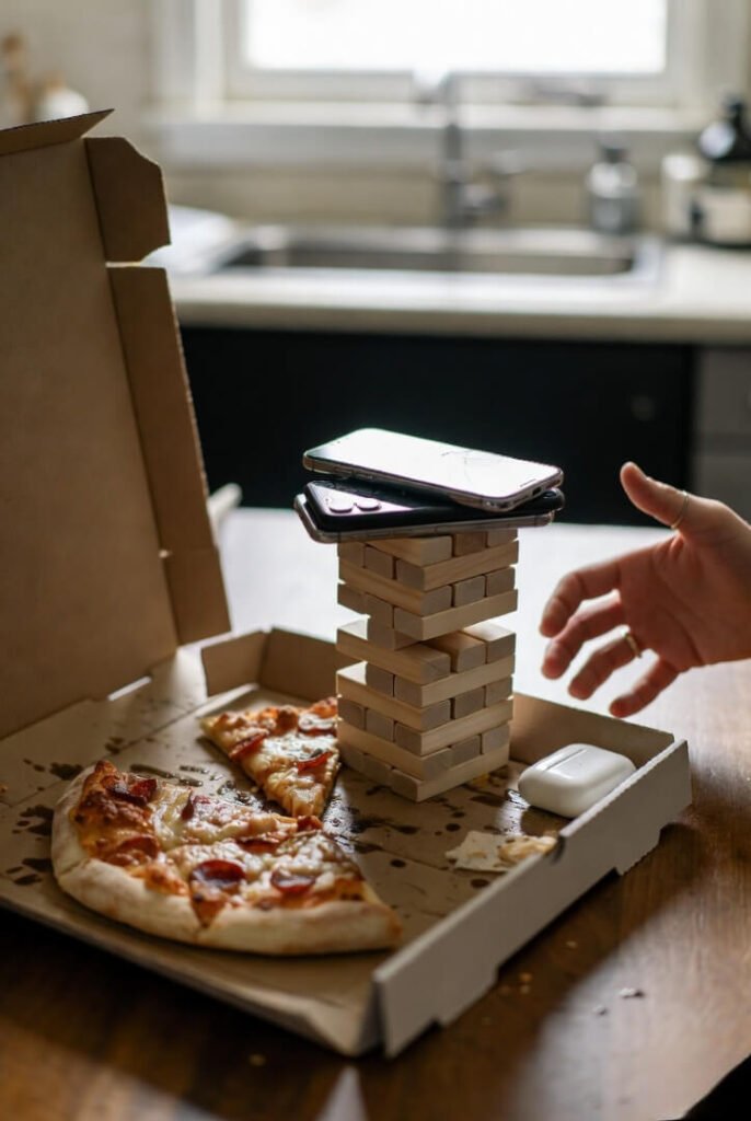 Messy top-down kitchen table post-dinner: cold pizza box, three phones in a shaky Jenga stack, open AirPod case, parent's surrendering hand reaching in.