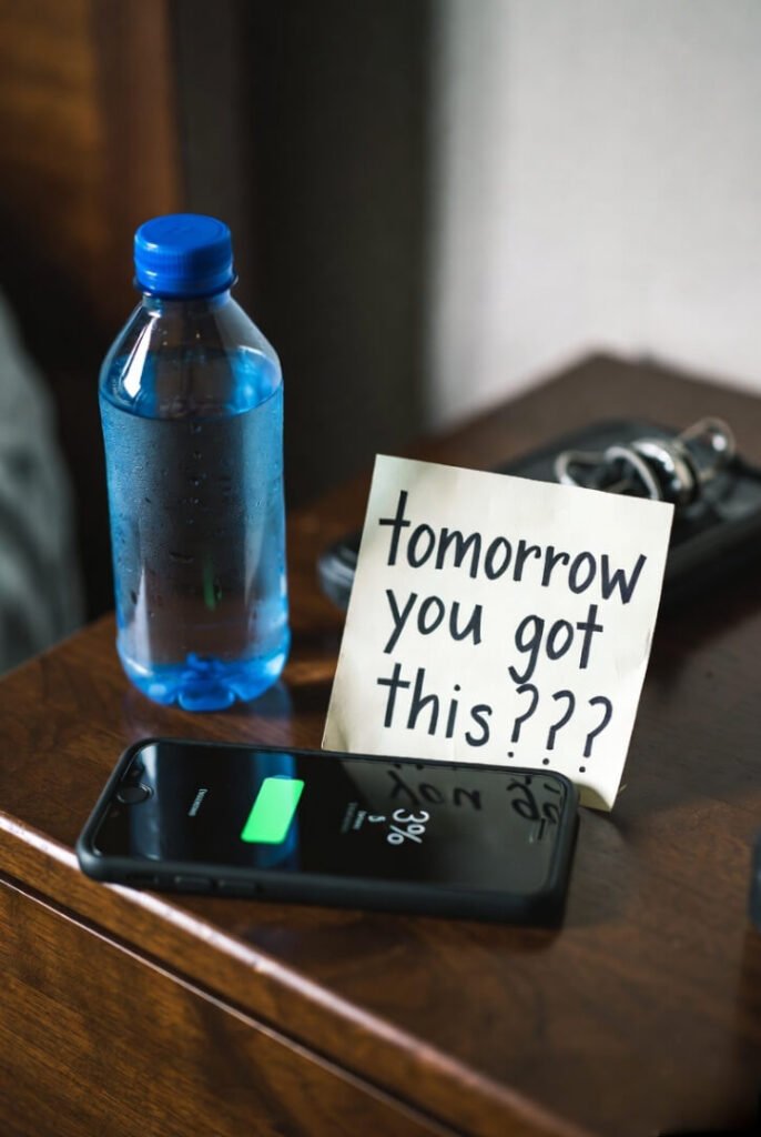 Close-up of a bedside table at night: half-empty water bottle, smartphone showing 3% battery, and a handwritten sticky note that reads 'tomorrow you got this???' with a little smiley face."