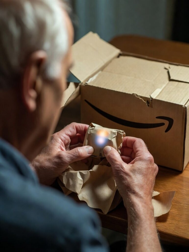 Close overhead shot of grandpa wrapping small glowing toy in paper, Amazon box torn.