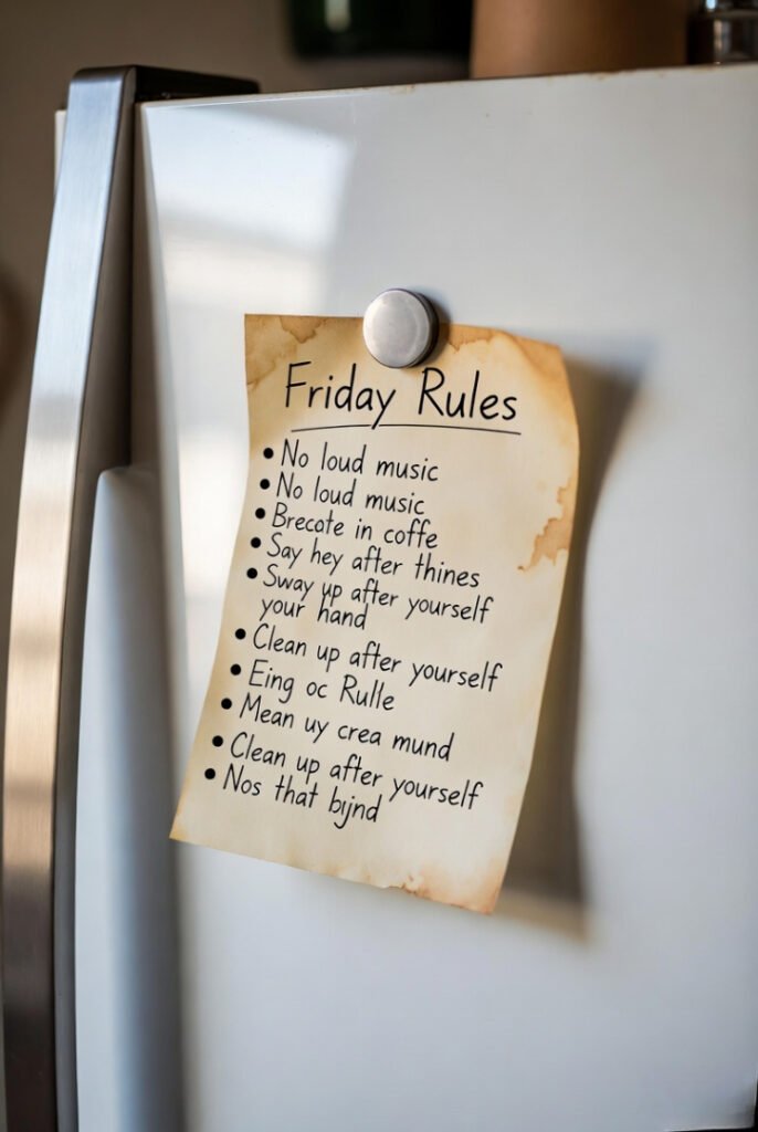 Coffee-stained, barely attached "Friday Rules" sign on fridge.