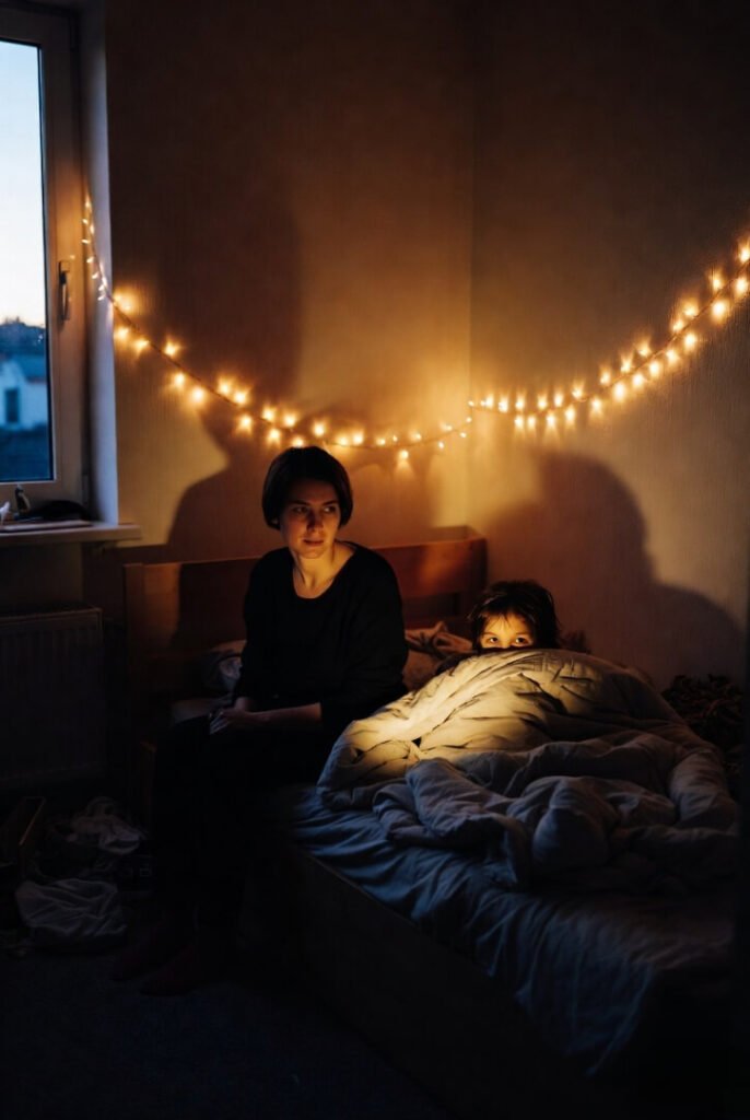 Dim dusk bedroom: tired parent on bed edge, suspicious kid eye peeking from blanket pile, drooping fairy lights, messy toys everywhere.