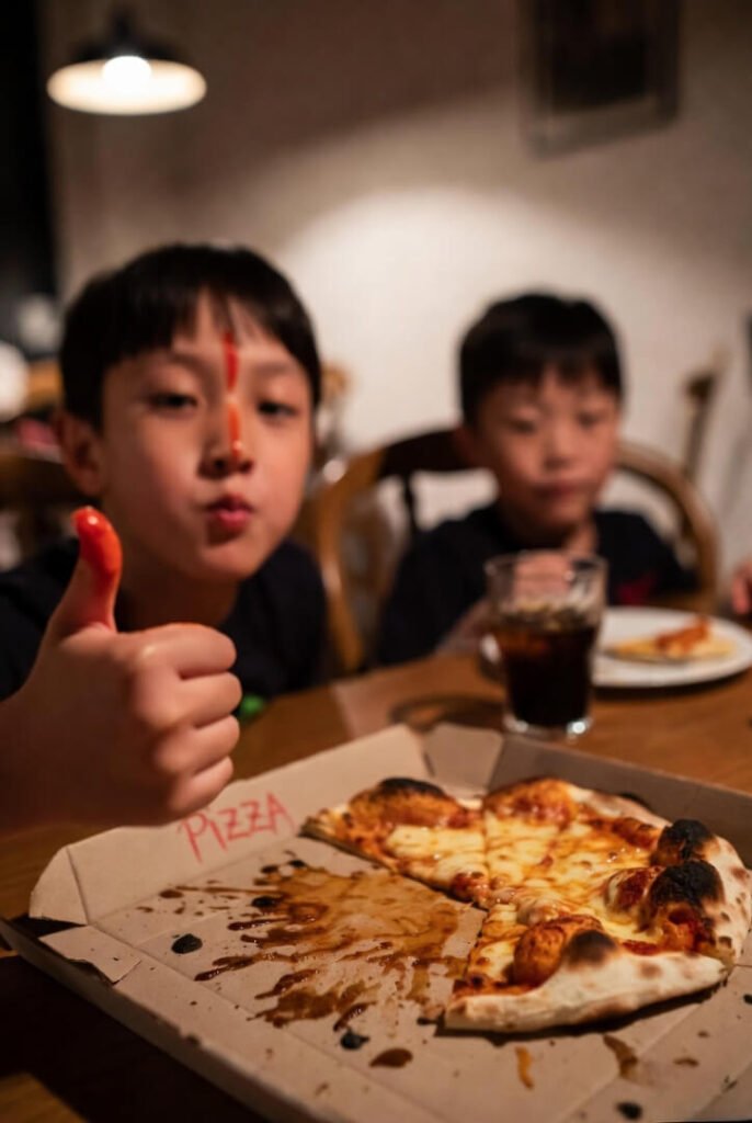 Blurry phone pic of homemade pizza with burnt edges, uneven cheese, kid giving thumbs-up with sauce smeared on forehead.