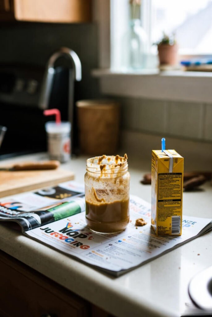 open peanut butter jar with kid fingerprints, lid off, and a parenting magazine doubling as a placemat under a juice box.