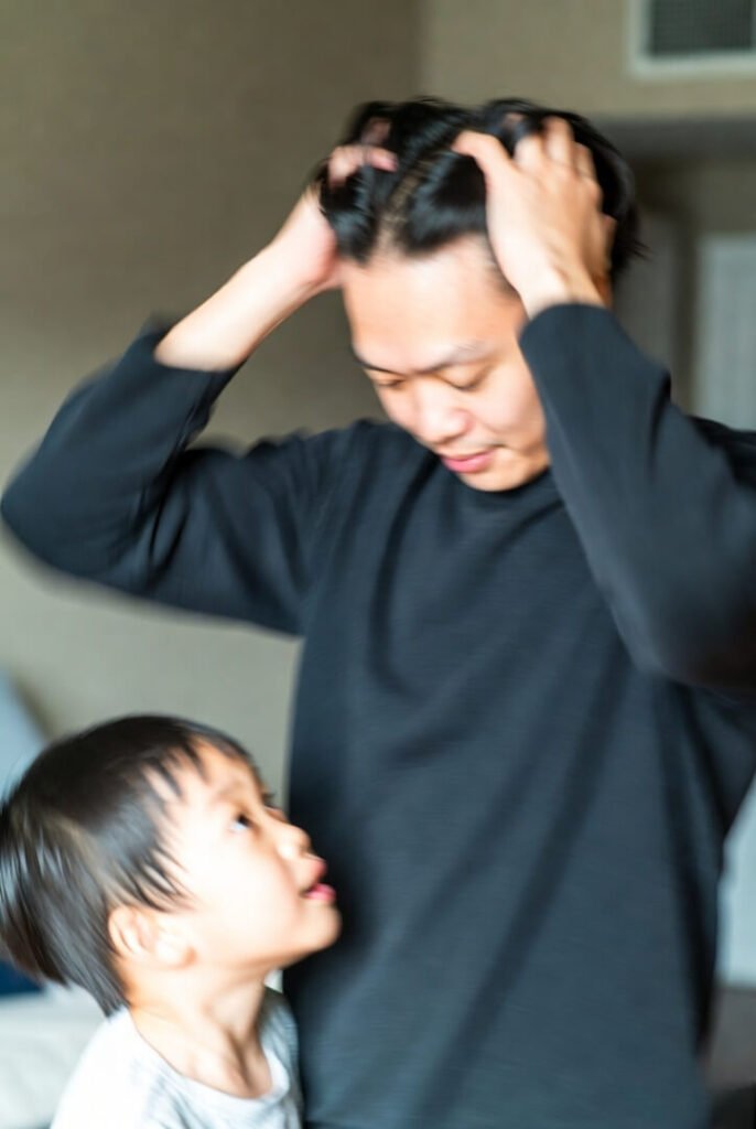 Dad in shaky steam-hold pose, son gazing up curiously.