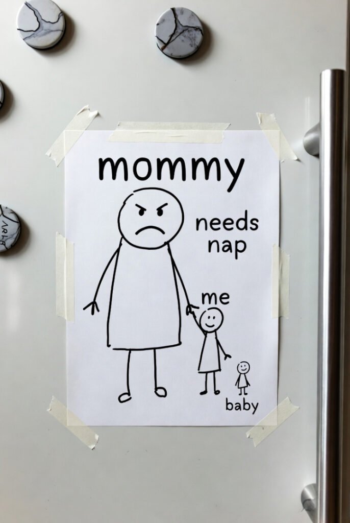 : giant frowning "mommy" blob saying "needs nap," holding hands with tiny "me" and "baby," secured with peeling tape and magnets.